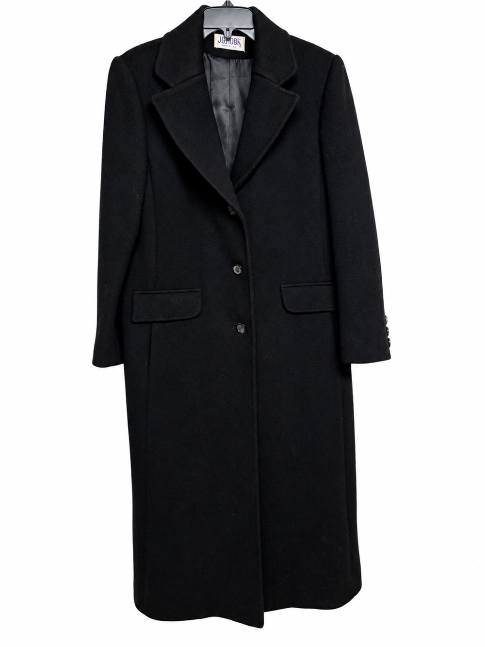 Vintage JG Hook Black 100% Pure Wool Maxi Trench Coat ILGWU USA Med